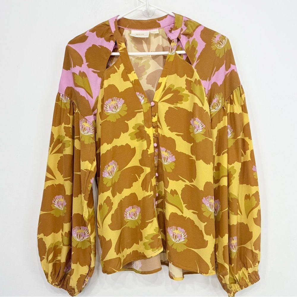 Maeve Anthropologie 100% Silk Golden Yellow Floral Puff Sleeve V Neck Blouse